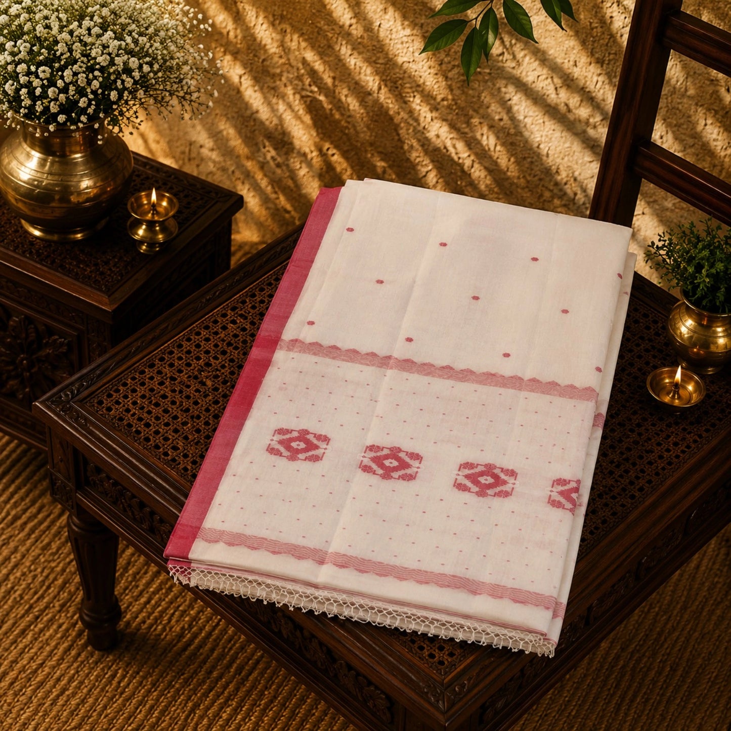 White Handloom Pure Cotton Saree with Red Woven Border and Traditional Motif Pallu
