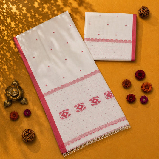 White Handloom Pure Cotton Saree with Red Woven Border and Traditional Motif Pallu