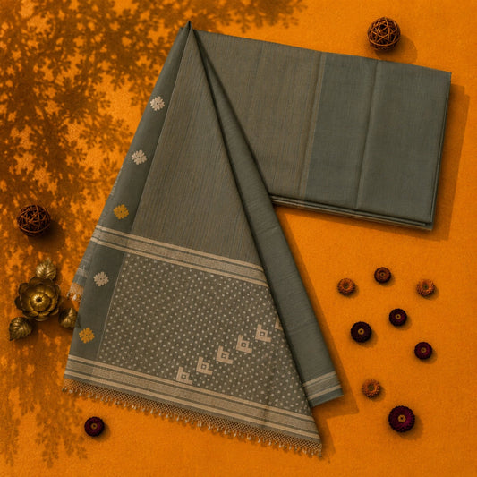 Olive Green Pure Cotton Jamdani Saree with Fine Stripes, Floral Buti Border & Woven Pallu