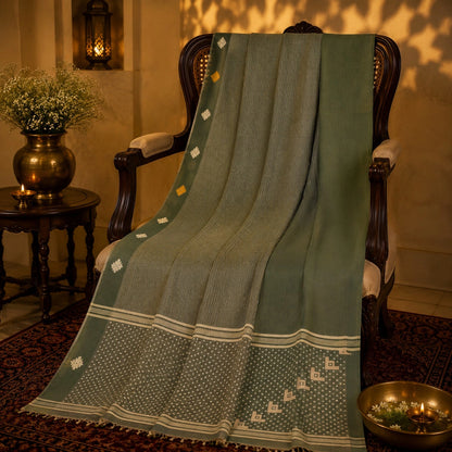 Olive Green Pure Cotton Jamdani Saree with Fine Stripes, Floral Buti Border & Woven Pallu