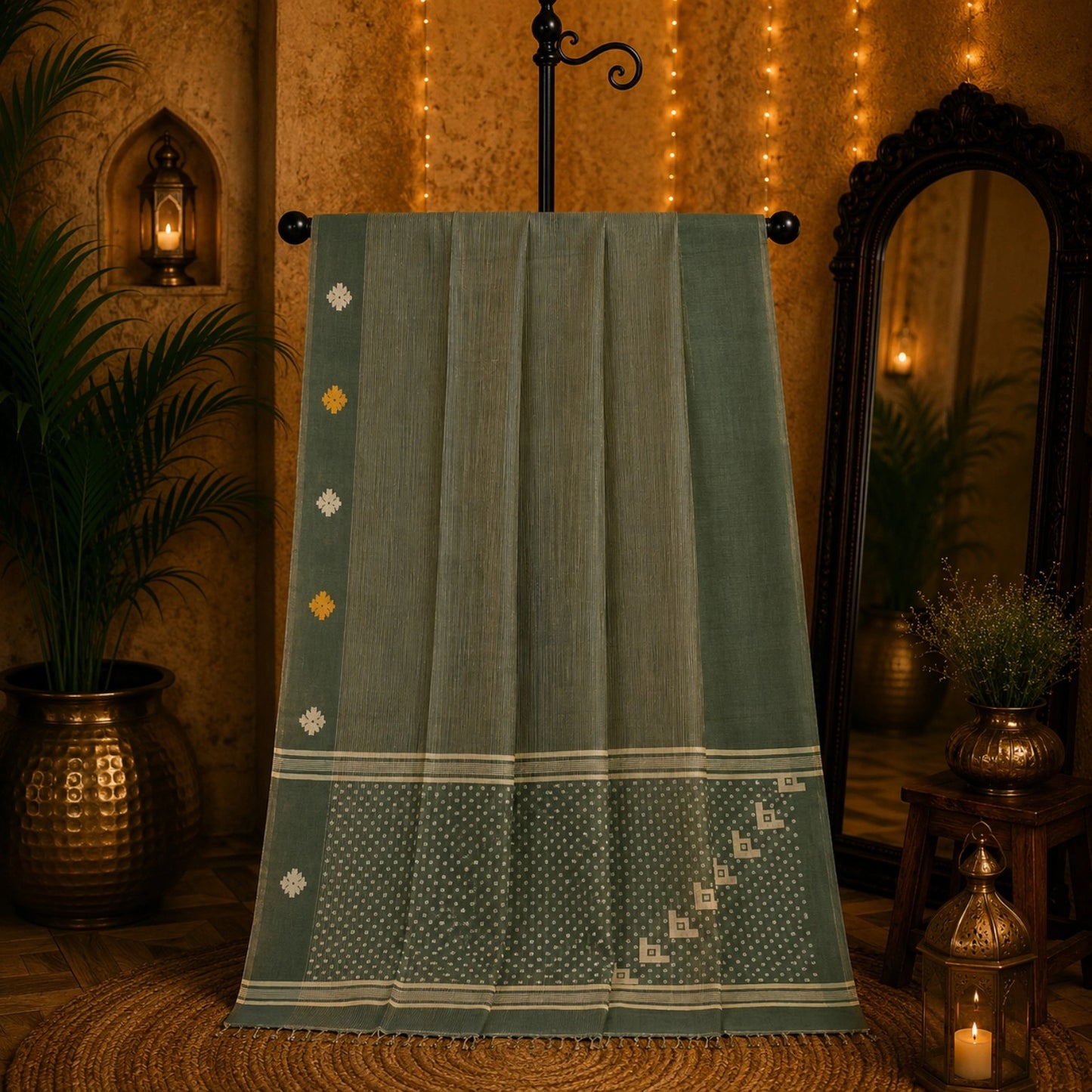 Olive Green Pure Cotton Jamdani Saree with Fine Stripes, Floral Buti Border & Woven Pallu