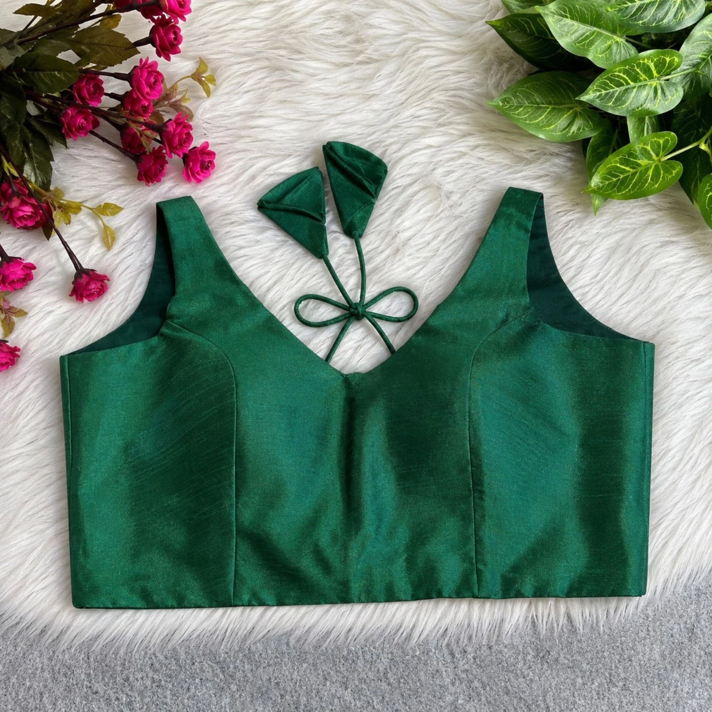 Emerald Green Solid Raw Silk Sleeveless Backless Blouse with V-Neck & Tie-Up Back