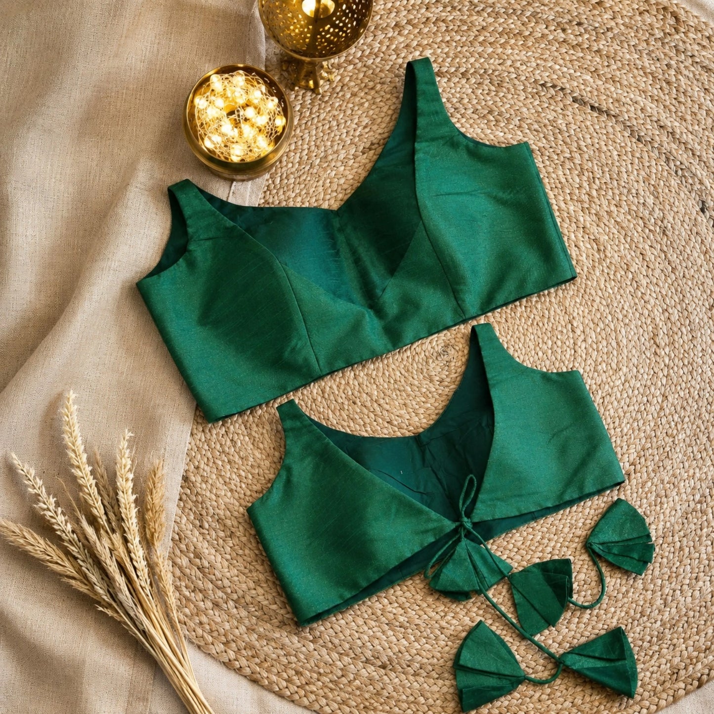 Emerald Green Solid Raw Silk Sleeveless Backless Blouse with V-Neck & Tie-Up Back