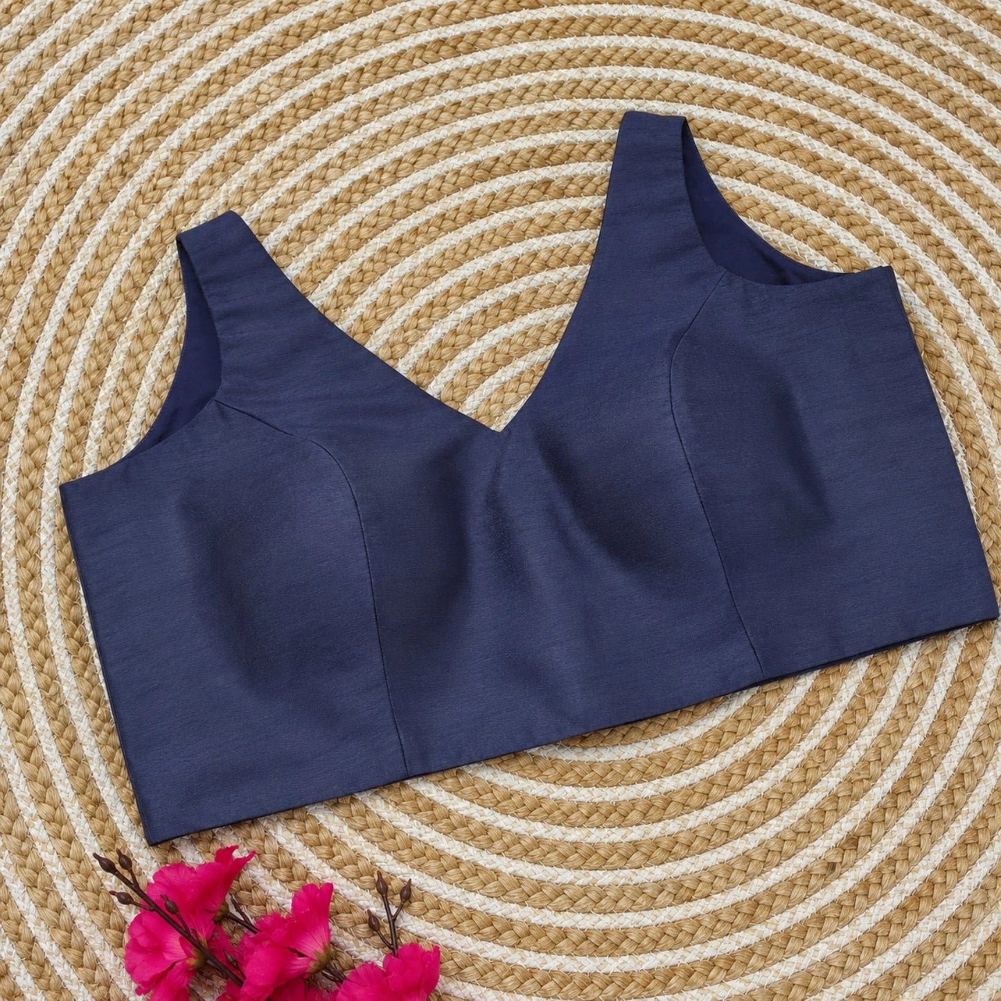 Navy Blue Solid Raw Silk Sleeveless Backless Blouse with V-Neck Tie-Up Design