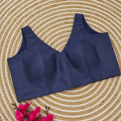 Navy Blue Solid Raw Silk Sleeveless Backless Blouse with V-Neck Tie-Up Design