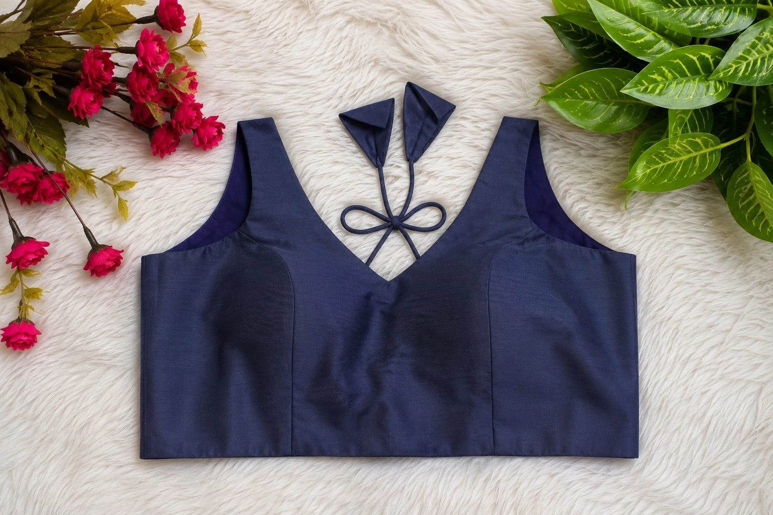 Navy Blue Solid Raw Silk Sleeveless Backless Blouse with V-Neck Tie-Up Design