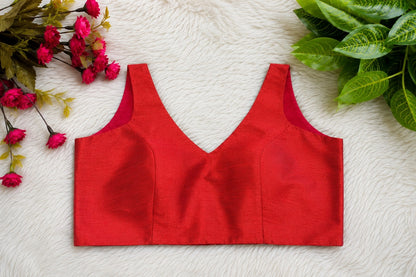Maroon Raw Silk Sleeveless Backless Blouse with Deep U-Neck Designer Ethnic Blouse