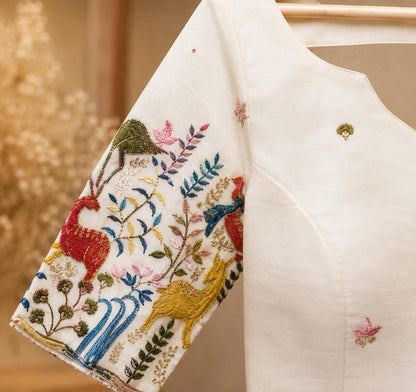 White Cotton Ramlella Floral Printed Sleeve Blouse with V-Neck