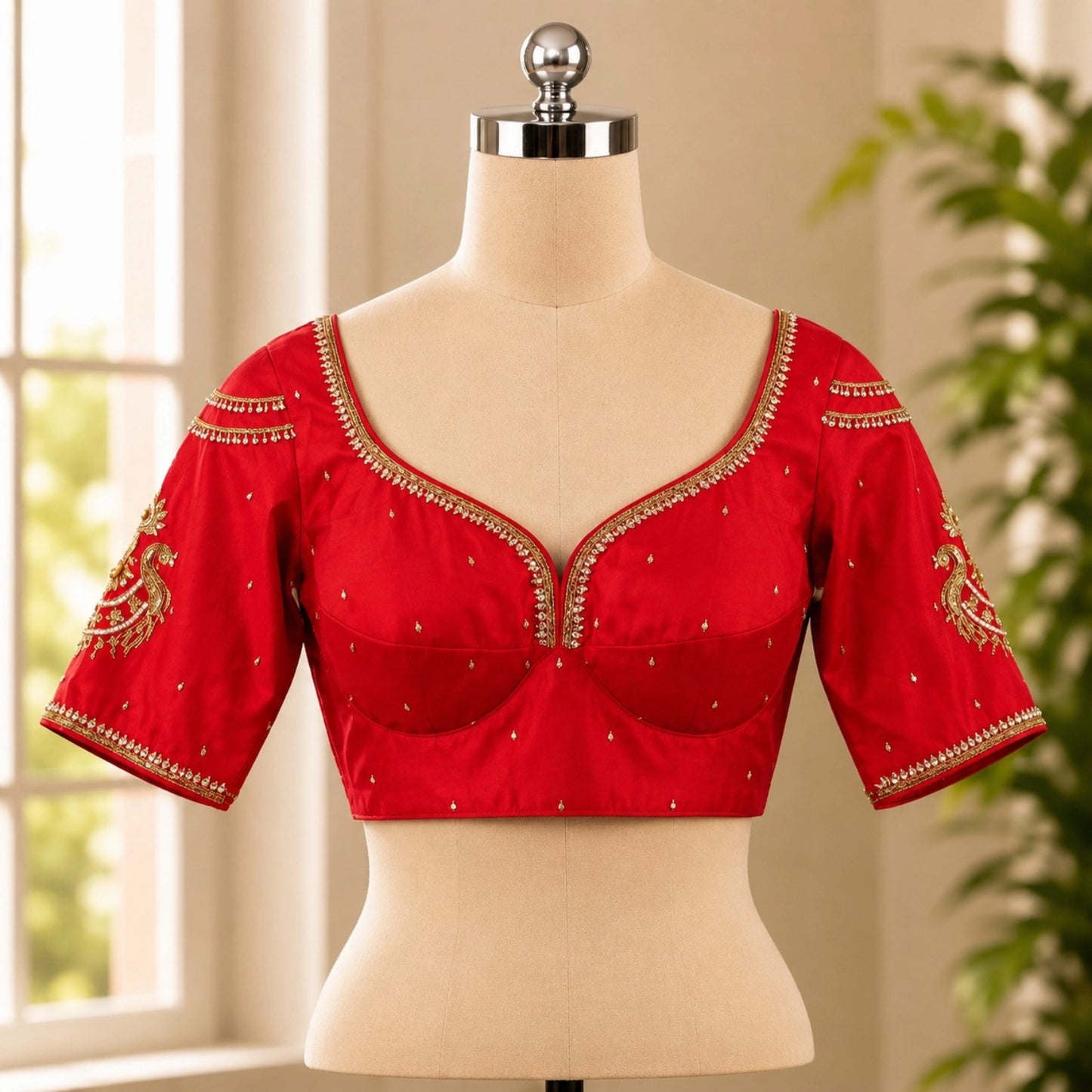 Bridal Rani Red Sabyasachi Ari Work Blouse with Pearl Embellished Sweetheart Neck