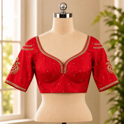 Bridal Rani Red Sabyasachi Ari Work Blouse with Pearl Embellished Sweetheart Neck