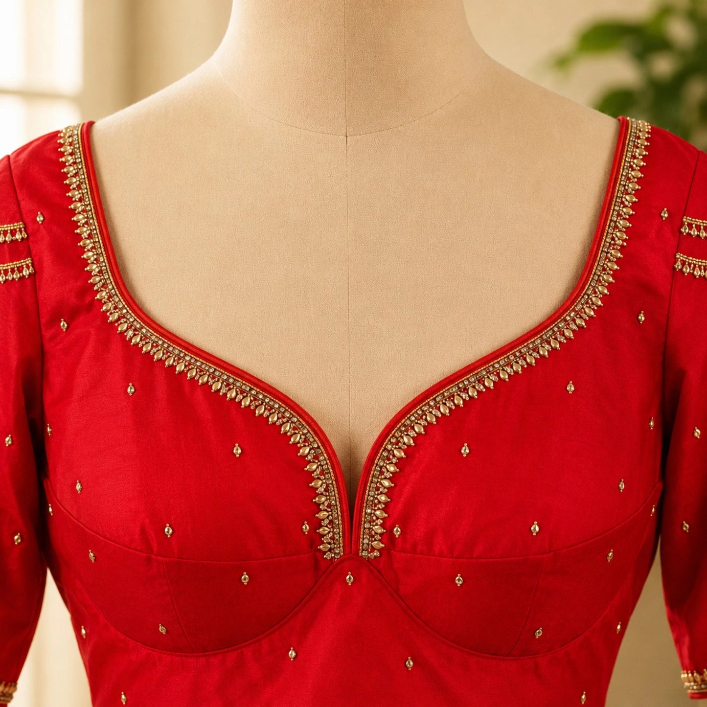 Bridal Rani Red Sabyasachi Ari Work Blouse with Pearl Embellished Sweetheart Neck
