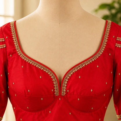 Bridal Rani Red Sabyasachi Ari Work Blouse with Pearl Embellished Sweetheart Neck