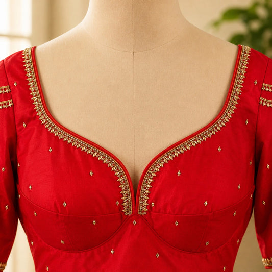 Bridal Rani Red Sabyasachi Ari Work Blouse with Pearl Embellished Sweetheart Neck