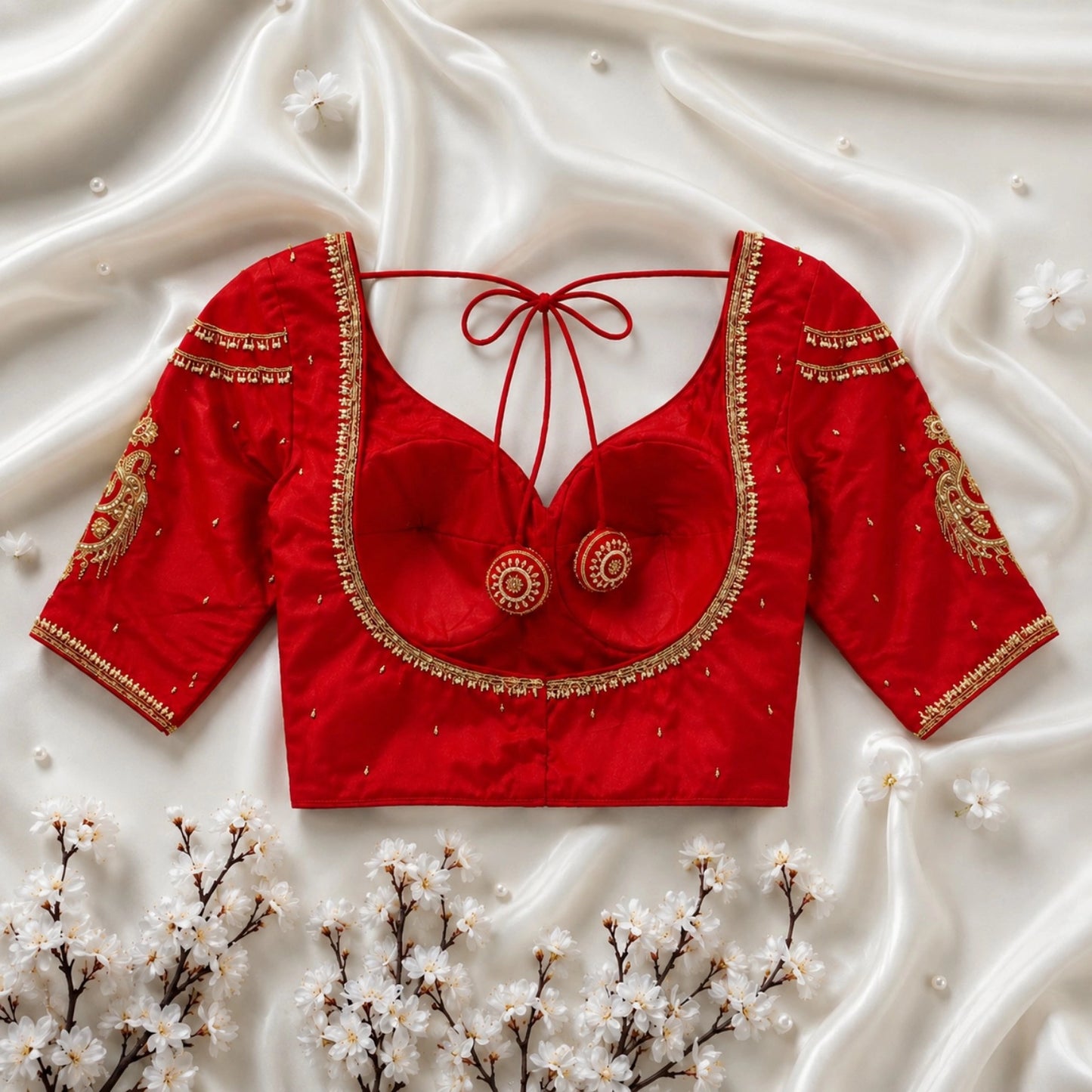 Bridal Rani Red Sabyasachi Ari Work Blouse with Pearl Embellished Sweetheart Neck