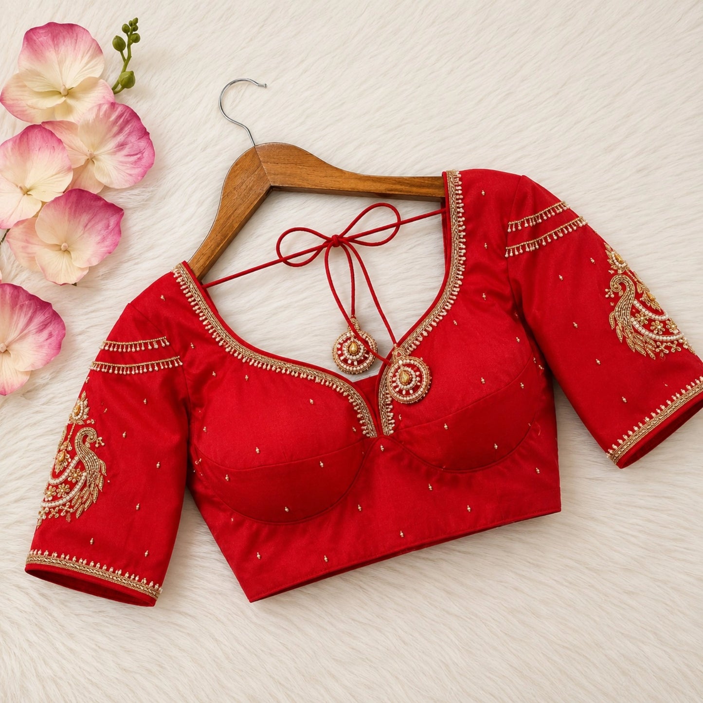 Bridal Rani Red Sabyasachi Ari Work Blouse with Pearl Embellished Sweetheart Neck