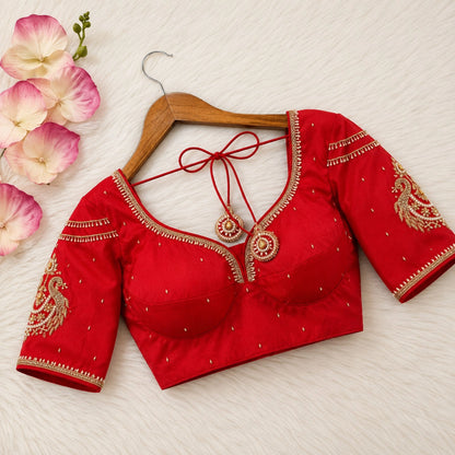 Bridal Rani Red Sabyasachi Ari Work Blouse with Pearl Embellished Sweetheart Neck