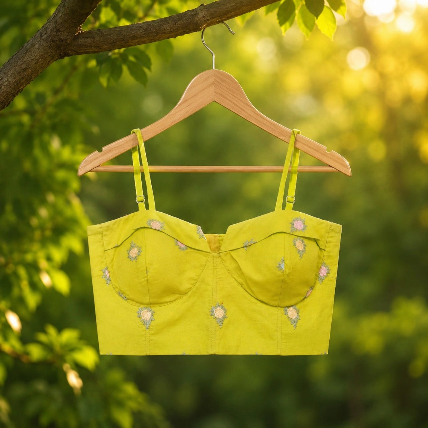 Lime Green Cambric Cotton Floral Embroidered Shoulder Strap Blouse with Structured Sweetheart Neck
