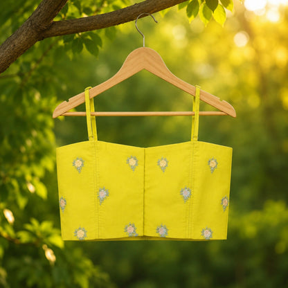Lime Green Cambric Cotton Floral Embroidered Shoulder Strap Blouse with Structured Sweetheart Neck