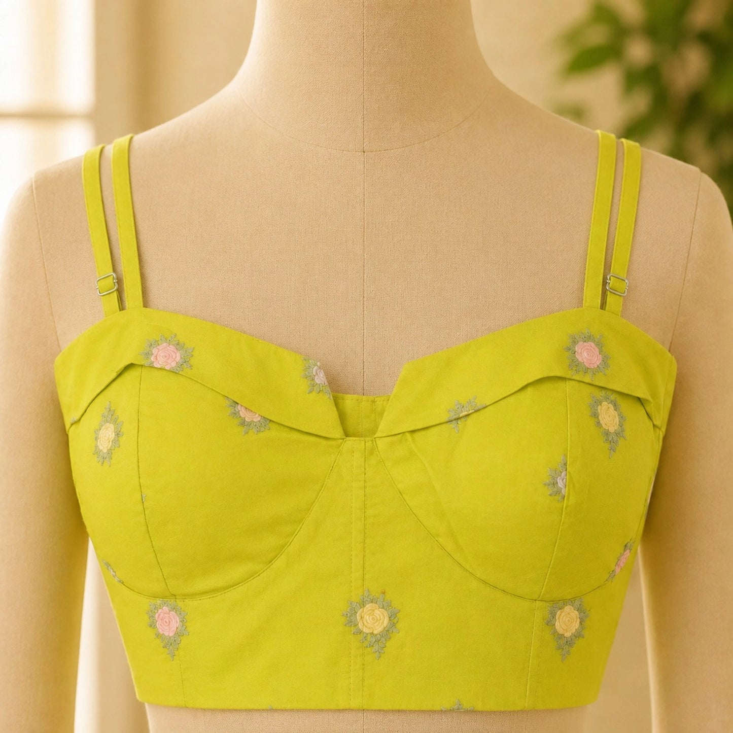 Lime Green Cambric Cotton Floral Embroidered Shoulder Strap Blouse with Structured Sweetheart Neck
