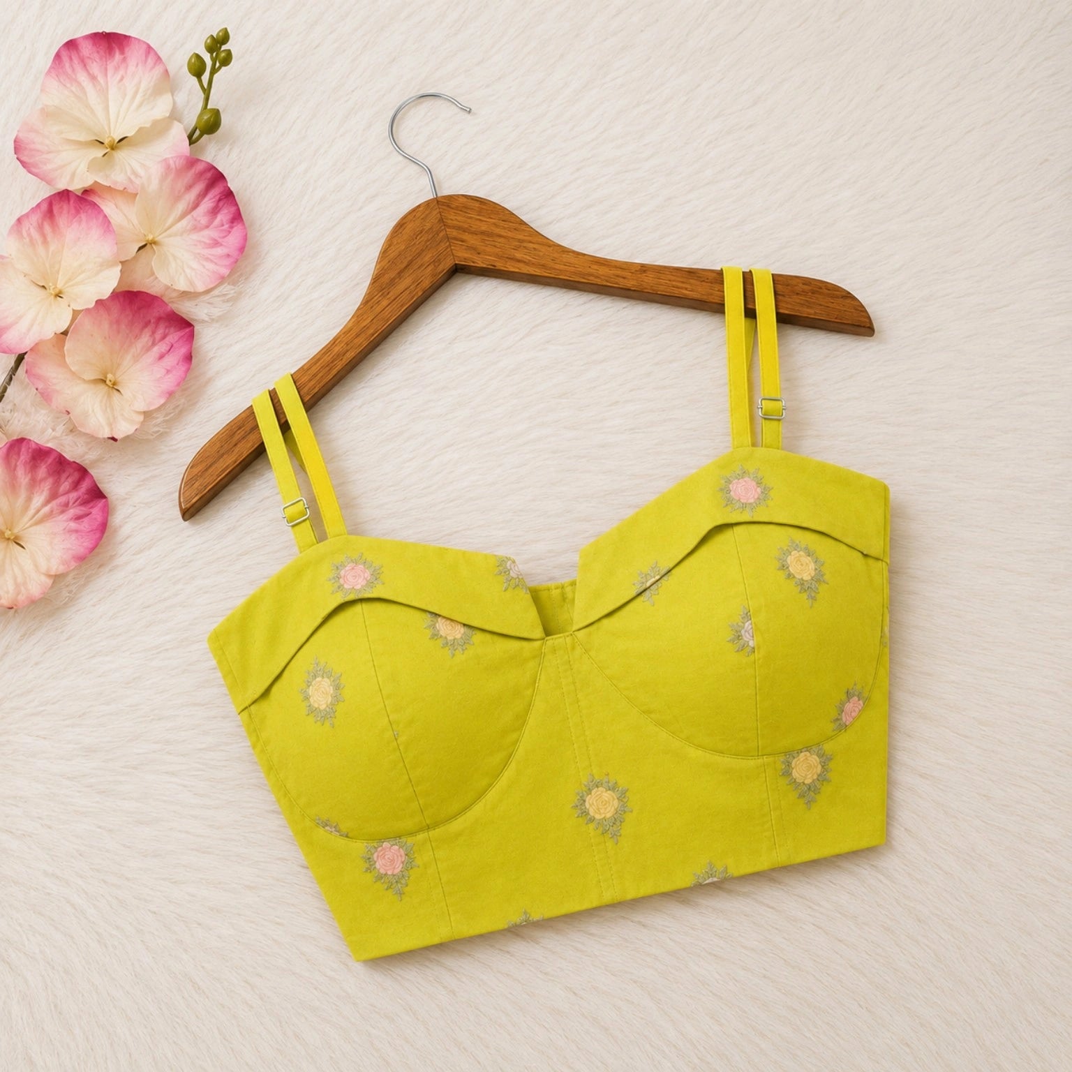 Lime Green Cambric Cotton Floral Embroidered Shoulder Strap Blouse with Structured Sweetheart Neck
