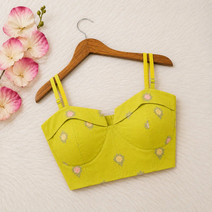 Lime Green Cambric Cotton Floral Embroidered Shoulder Strap Blouse with Structured Sweetheart Neck