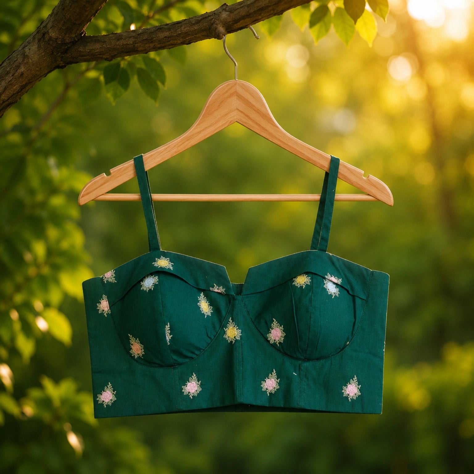 Dark Teal Cambric Cotton Floral Embroidered Shoulder Strap Designer Blouse for Festive & Party Wear