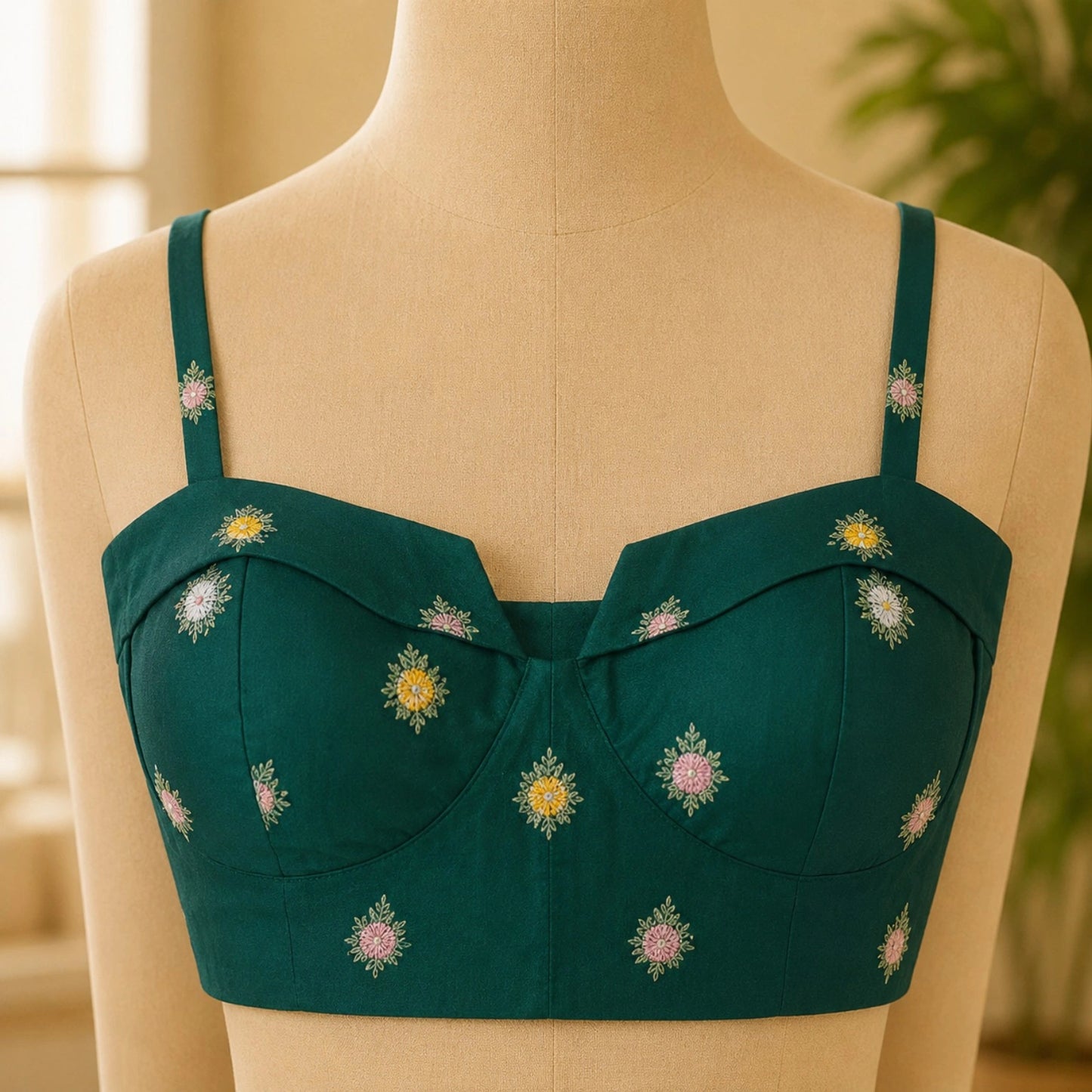 Dark Teal Cambric Cotton Floral Embroidered Shoulder Strap Designer Blouse for Festive & Party Wear