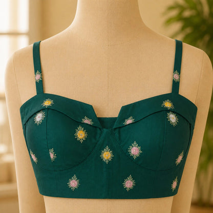 Dark Teal Cambric Cotton Floral Embroidered Shoulder Strap Designer Blouse for Festive & Party Wear