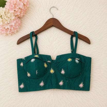 Dark Teal Cambric Cotton Floral Embroidered Shoulder Strap Designer Blouse for Festive & Party Wear