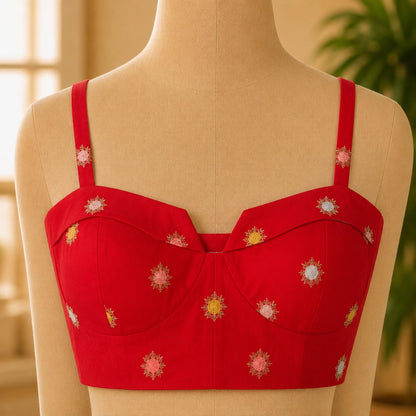 Red Cambric Cotton Embroidered Shoulder Strap Blouse with Floral Motifs | Designer Readymade Blouse for Saree
