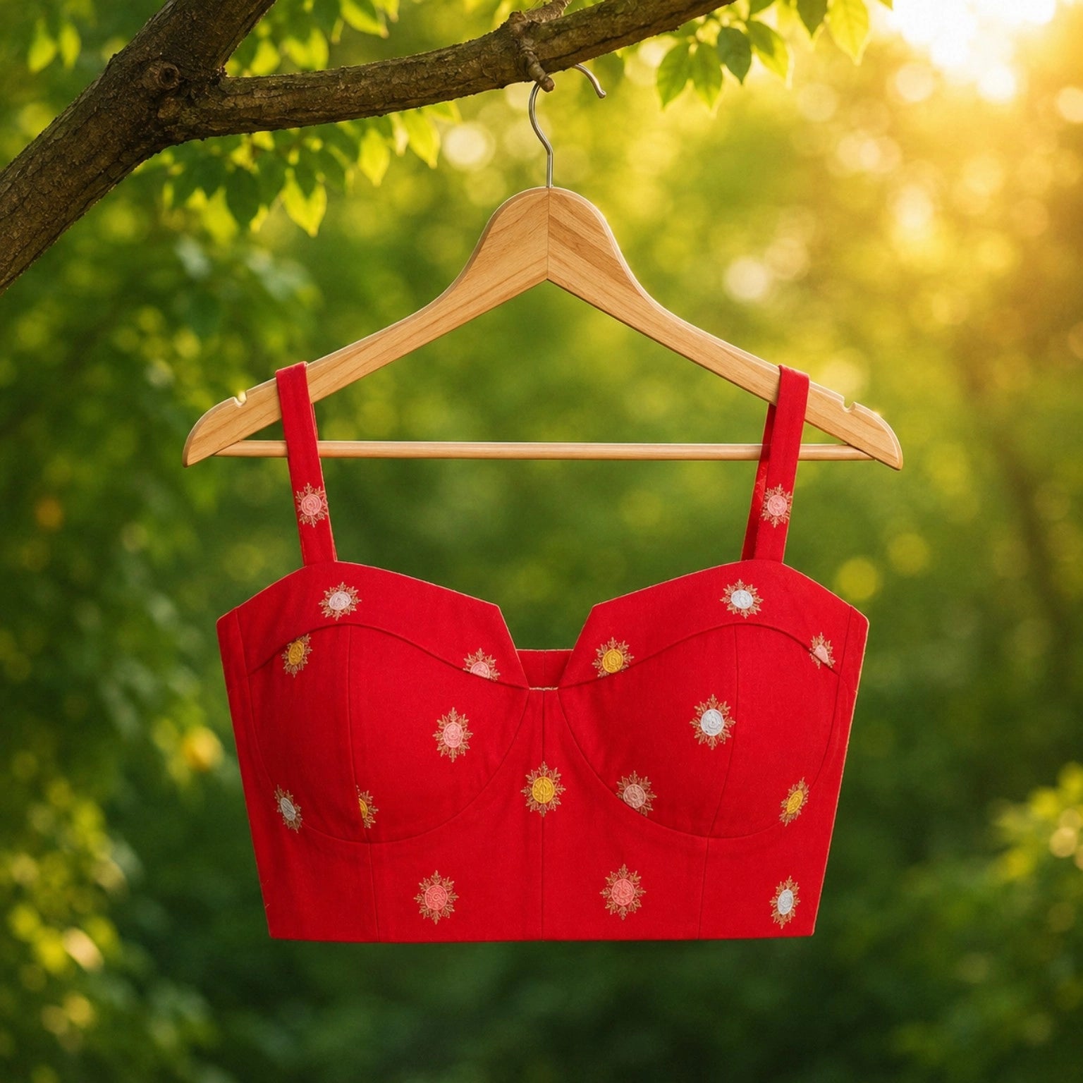 Red Cambric Cotton Embroidered Shoulder Strap Blouse with Floral Motifs | Designer Readymade Blouse for Saree