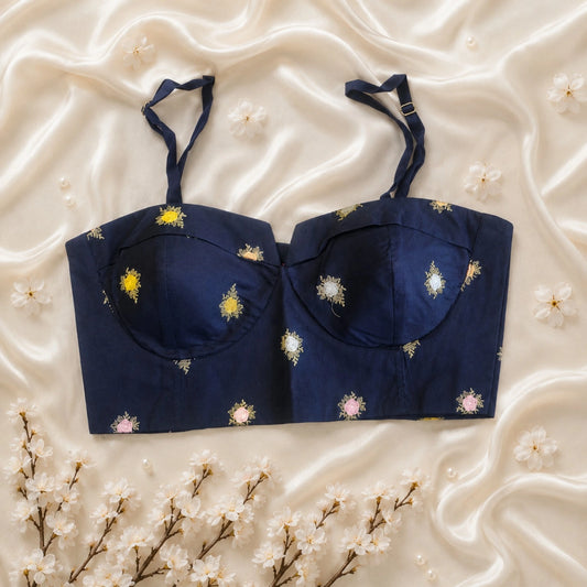 Navy Blue Cambric Cotton Embroidered Shoulder Strap Bustier Blouse with Multicolor