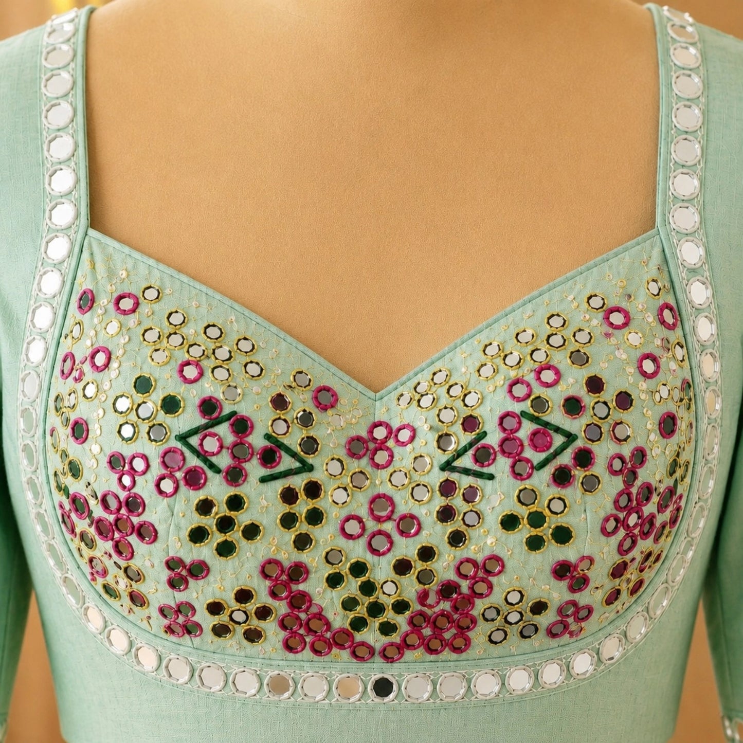 WEVOW Mint Green Pure Cotton Handwork Mirror Glass Embroidered Blouse for Women Festive Ethnic Wear