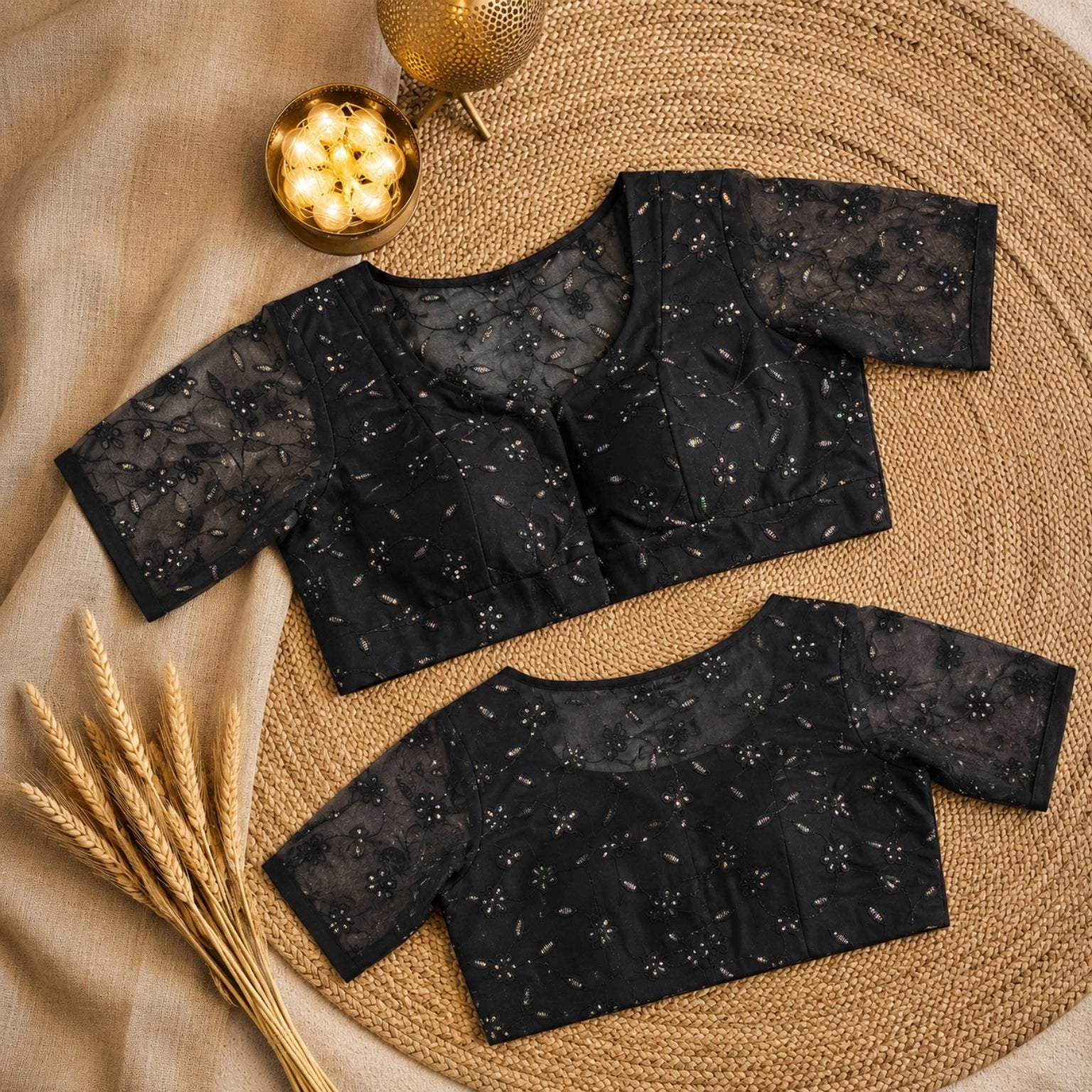 Black Organza Sequin Embroidered Sweetheart Neck Designer Blouse with Sheer Half Sleeves