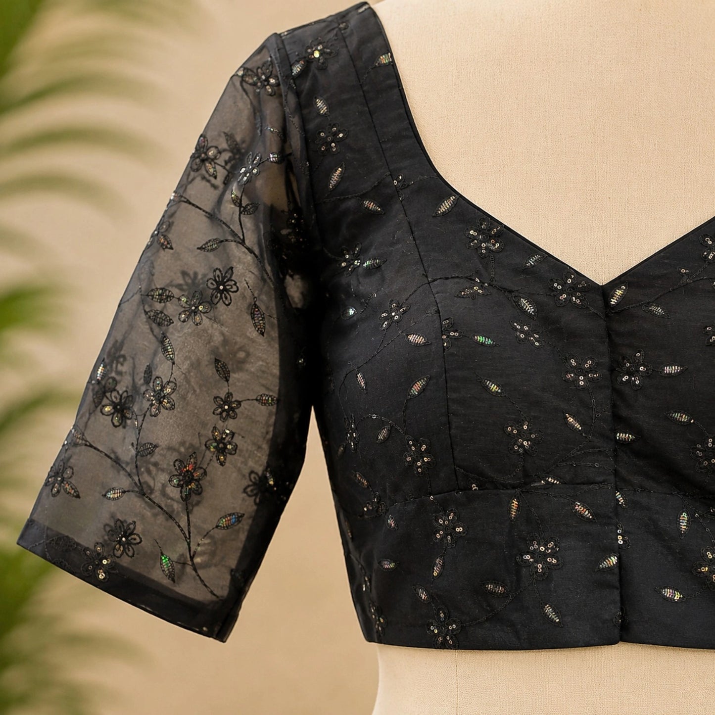 Black Organza Sequin Embroidered Sweetheart Neck Designer Blouse with Sheer Half Sleeves