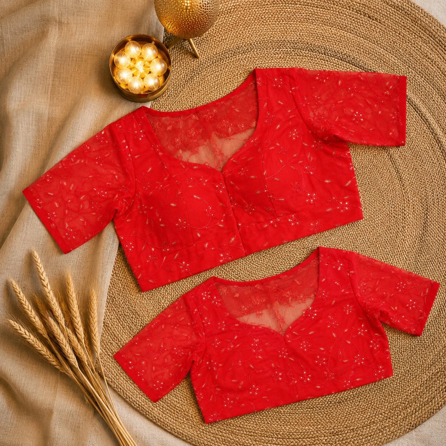 Red Organza Sequence Embroidered Sheer Sleeve Designer Blouse with Sweetheart Neck