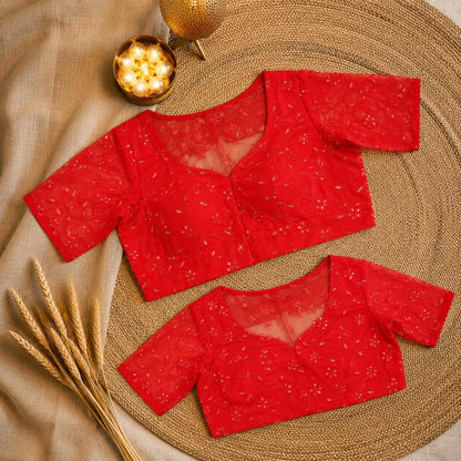 Red Organza Sequence Embroidered Sheer Sleeve Designer Blouse with Sweetheart Neck