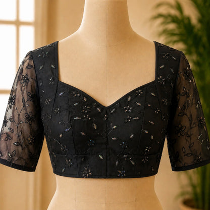 Black Organza Sequin Embroidered Sweetheart Neck Designer Blouse with Sheer Half Sleeves