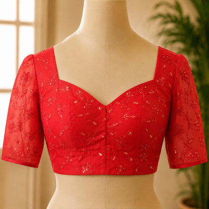 Red Organza Sequence Embroidered Sheer Sleeve Designer Blouse with Sweetheart Neck