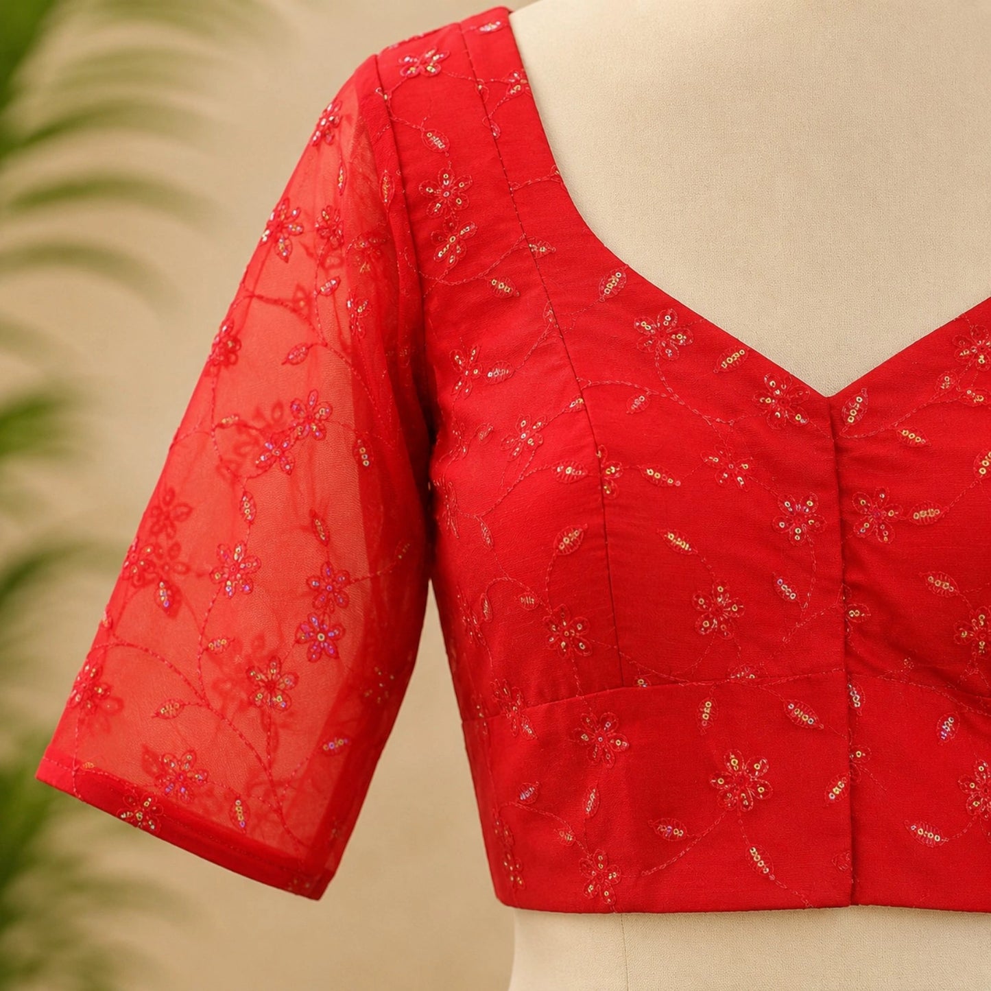 Red Organza Sequence Embroidered Sheer Sleeve Designer Blouse with Sweetheart Neck