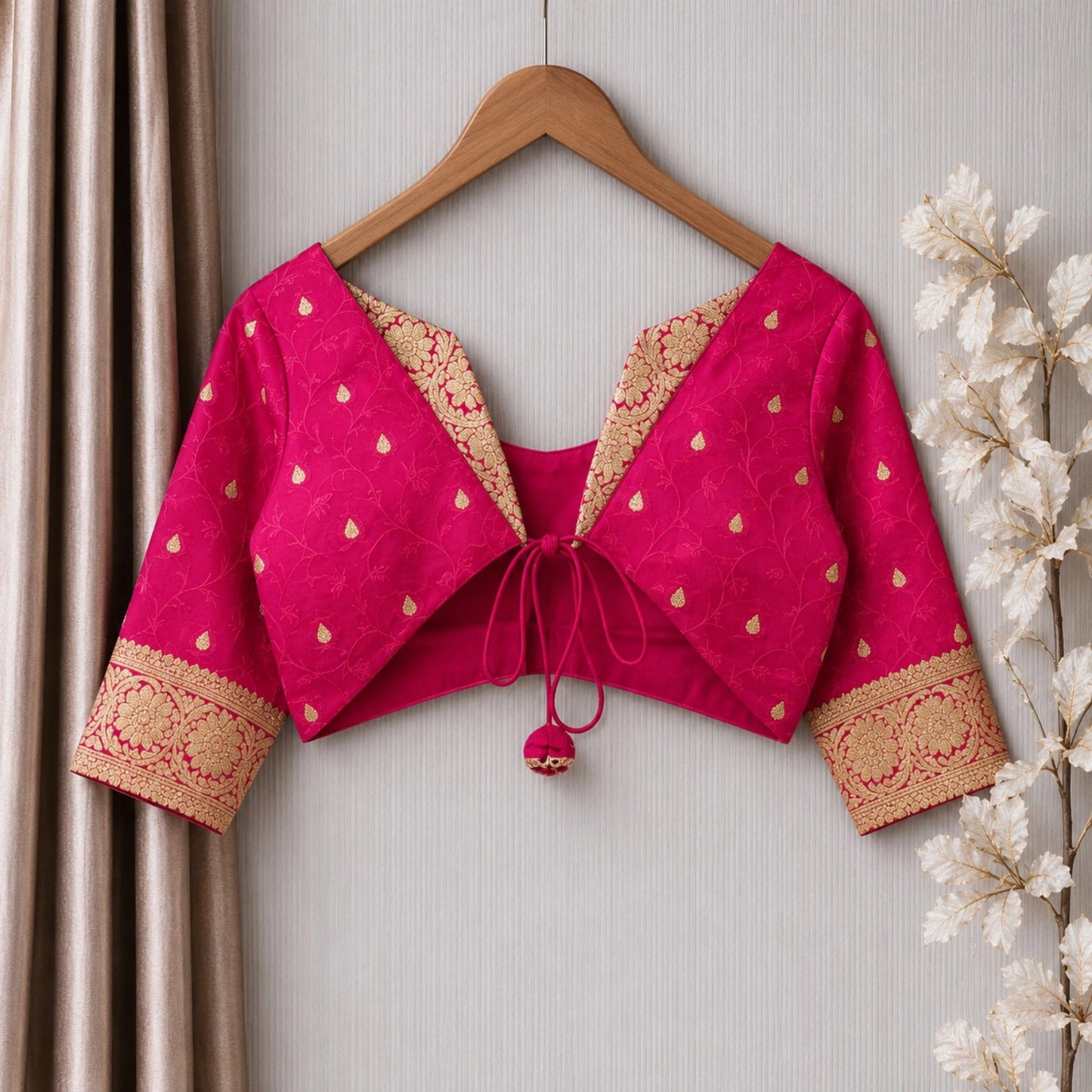 Pink Banarasi Bralette Blouse with Jacket Style Neck Overlay & Gold Zari Woven Motifs
