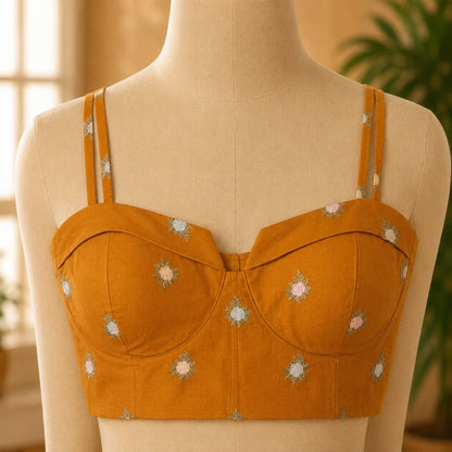 Mustard Cotton Embroidered Shoulder Strap Blouse with Floral Thread Motifs for Festive & Ethnic Wear