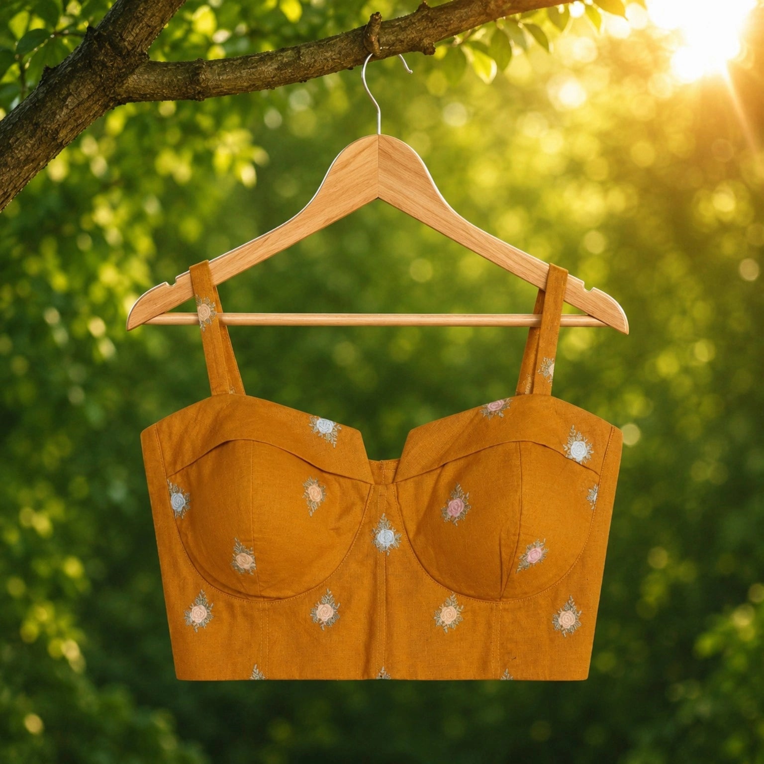 Mustard Cotton Embroidered Shoulder Strap Blouse with Floral Thread Motifs for Festive & Ethnic Wear