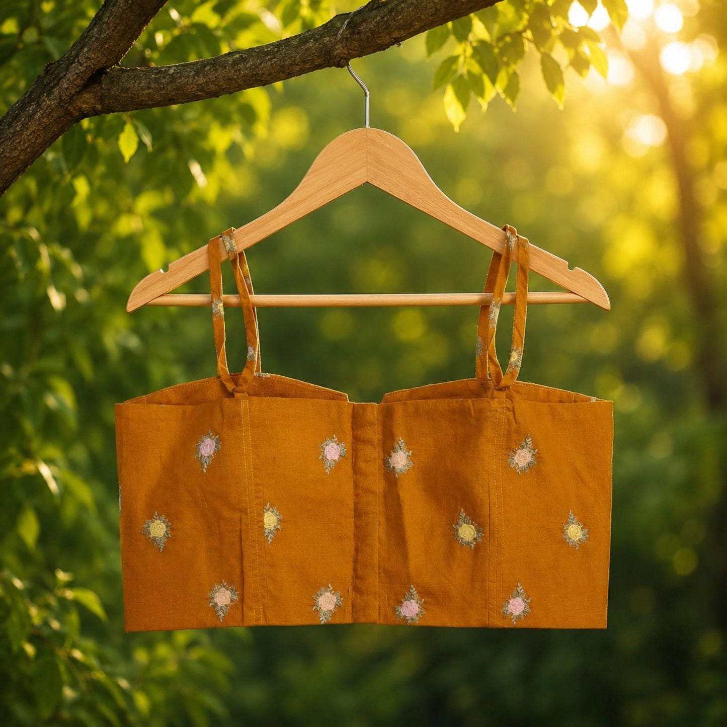 Mustard Cotton Embroidered Shoulder Strap Blouse with Floral Thread Motifs for Festive & Ethnic Wear