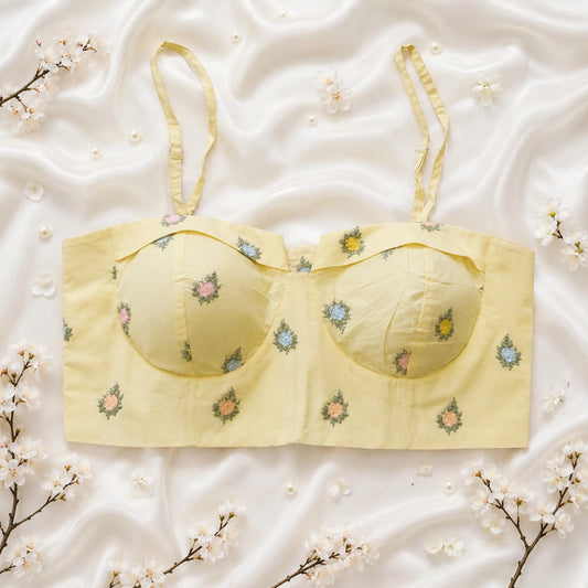 Pastel Yellow Camric Cotton Embroidered Shoulder Strap Blouse with Floral Motifs