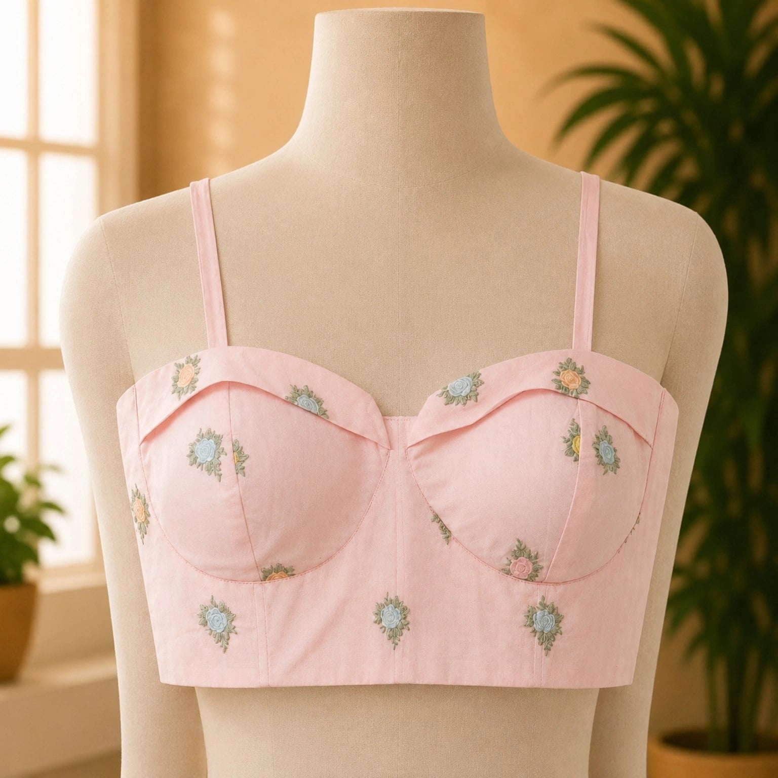 Pastel Pink Cambric Cotton Embroidered Shoulder Strap Blouse with Floral Motifs