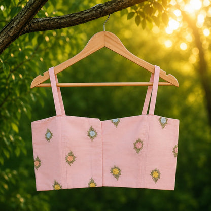 Pastel Pink Cambric Cotton Embroidered Shoulder Strap Blouse with Floral Motifs