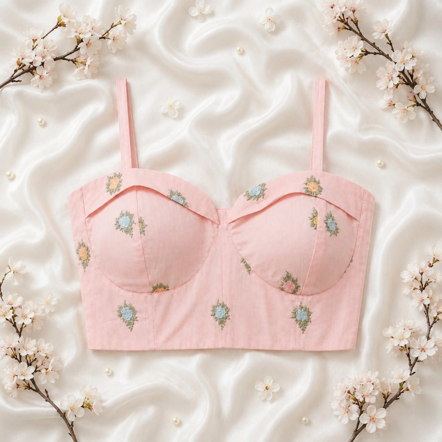 Pastel Pink Cambric Cotton Embroidered Shoulder Strap Blouse with Floral Motifs