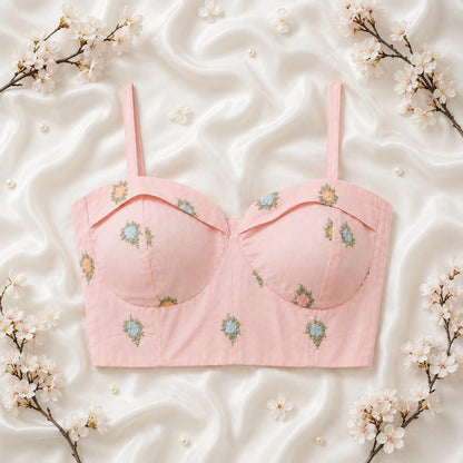 Pastel Pink Cambric Cotton Embroidered Shoulder Strap Blouse with Floral Motifs
