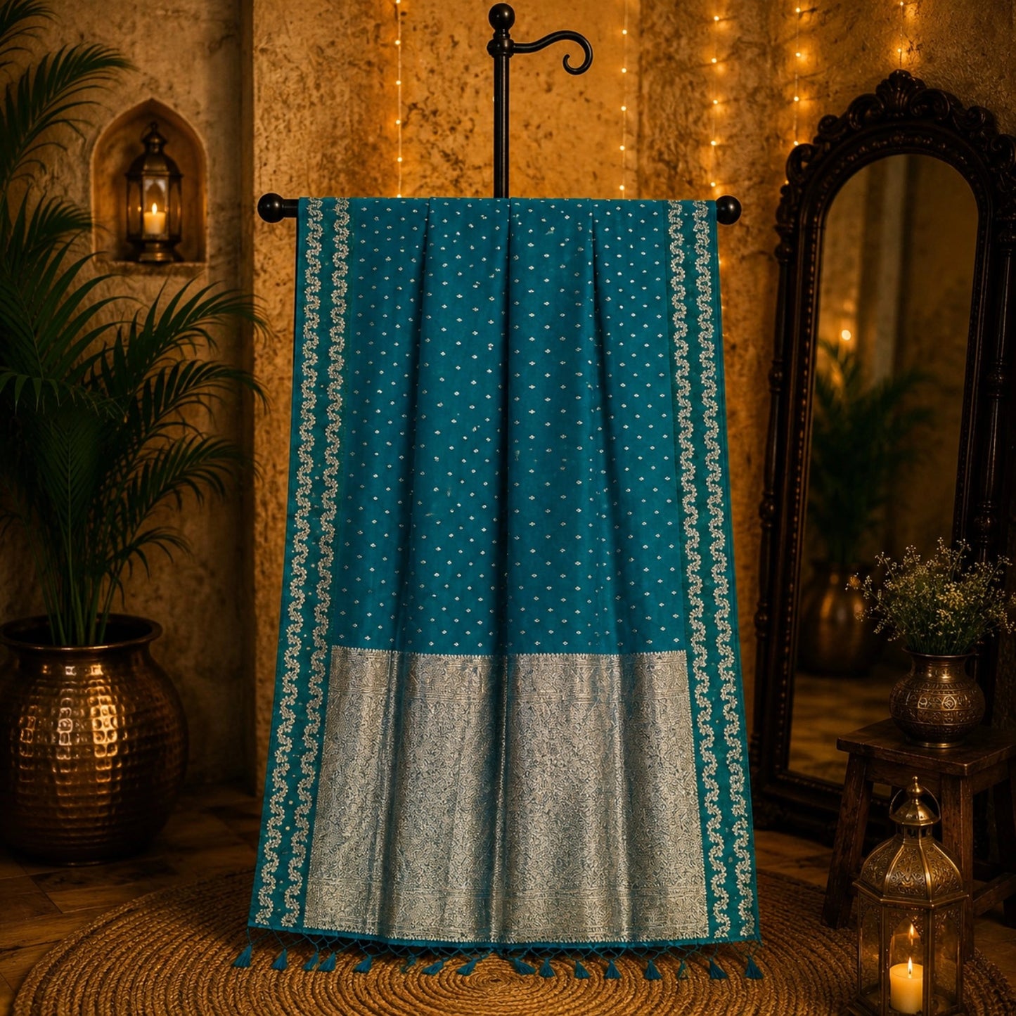Teal Blue Satin Mashru Silk Saree with Silver Woven Border & Buti Design Elegant Festive Ethnic Wear
